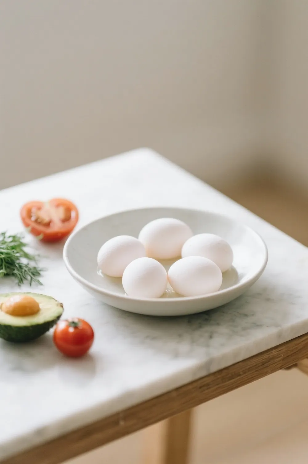 Simple plate with cooked eggs, avocado, and herbs on a bright table, symbolizing balance, clarity, and healthy eating takeaways about egg nutrition.
