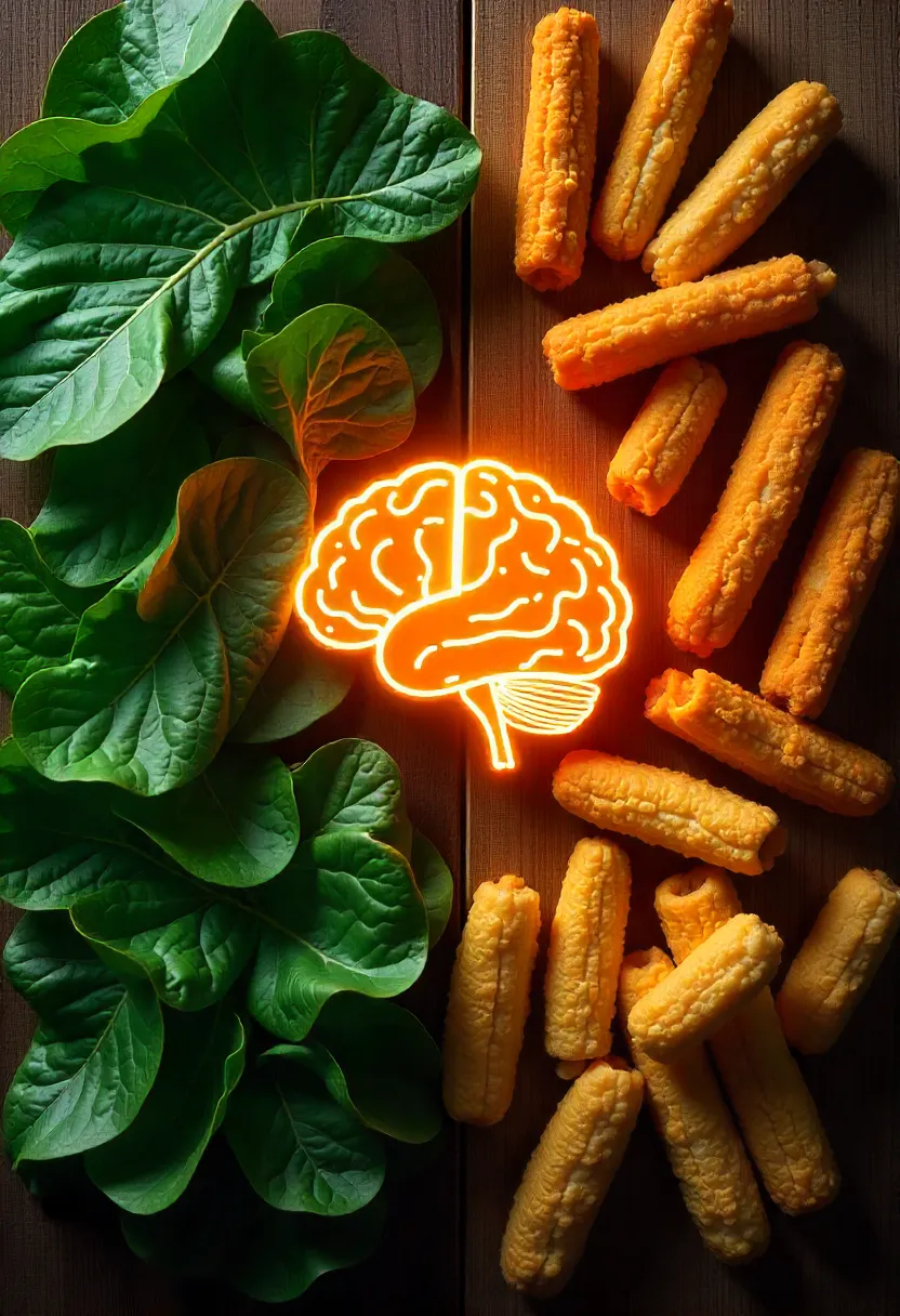 Contrast of healthy foods like walnuts, salmon, and blueberries with fried snacks, soda, and alcohol, centered around a glowing brain symbolizing better food choices for brain health.