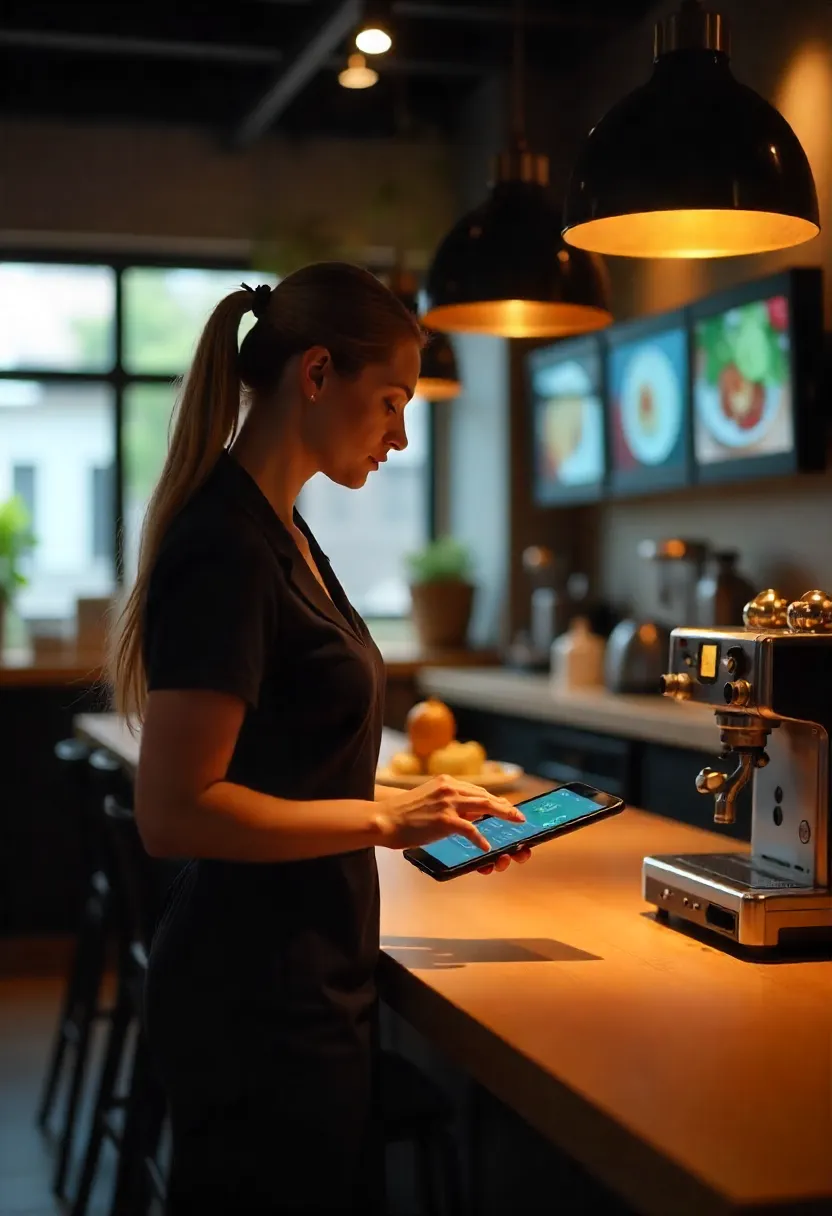 A modern restaurant scene with staff using a tablet POS and digital menu systems, representing technology and innovation in food and beverage management.
