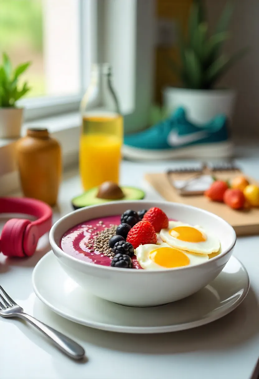 Healthy breakfast with smoothie bowl, avocado toast, berries, and water, symbolizing nutrient-rich eating for teens and young adults.