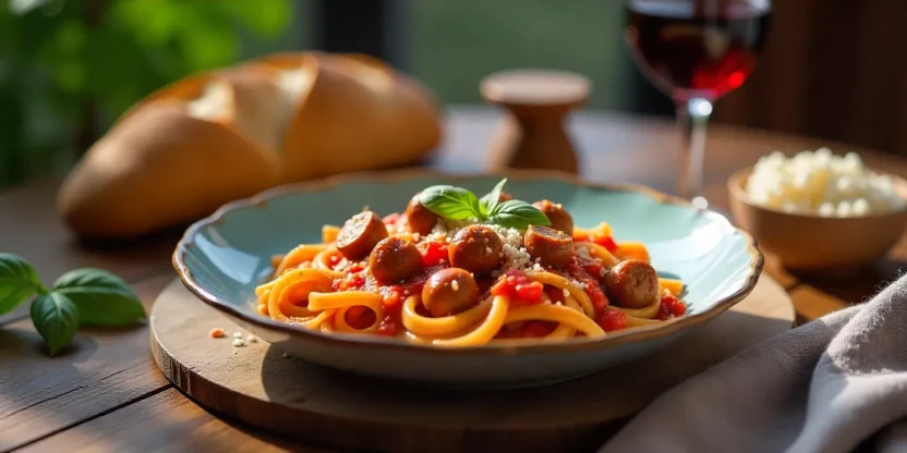 Steaming bowl of sausage and tomato pasta with basil and Parmesan on a rustic table.