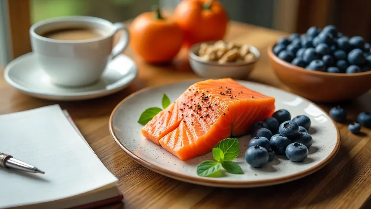 Top brain foods including coffee, dark chocolate, salmon, walnuts, and blueberries arranged on a wooden table.