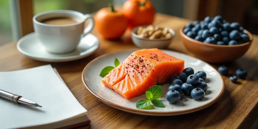 Top brain foods including coffee, dark chocolate, salmon, walnuts, and blueberries arranged on a wooden table.
