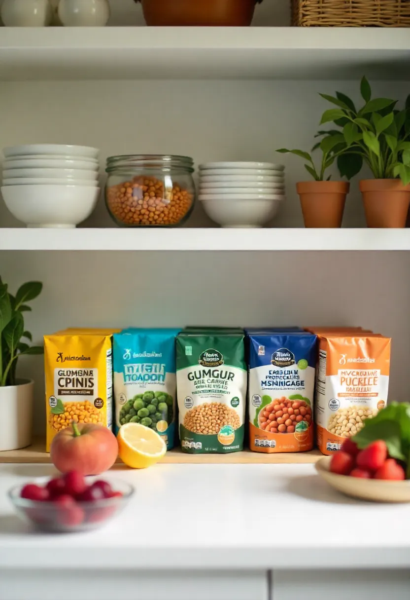 Organized kitchen or pantry filled with healthy convenience foods like canned beans, grains, tinned fish, frozen vegetables, and fresh produce.