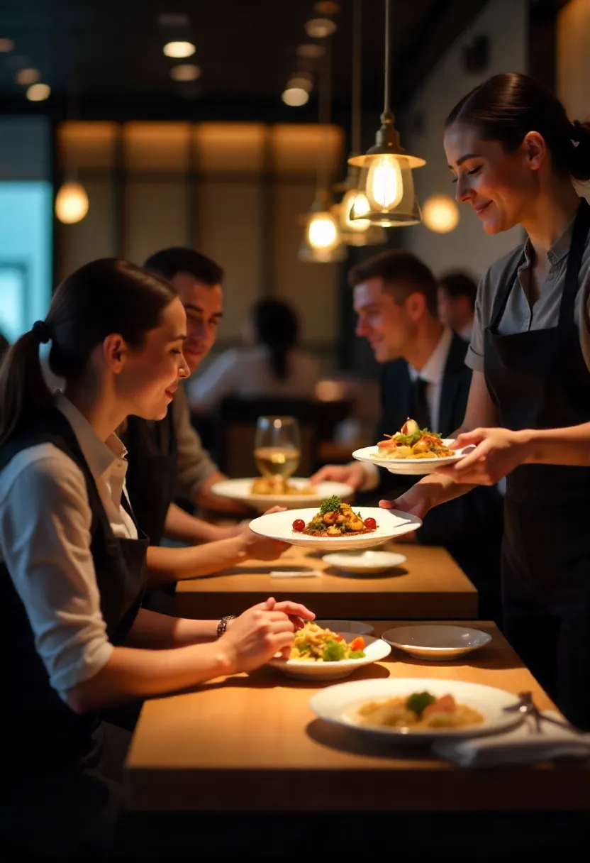A restaurant scene displaying multiple food and beverage service styles, including table service, a buffet setup, and a bar service area.