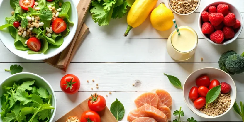 Colorful flat lay of healthy high-volume foods including vegetables, fruits, grains, and lean proteins on a bright natural background.