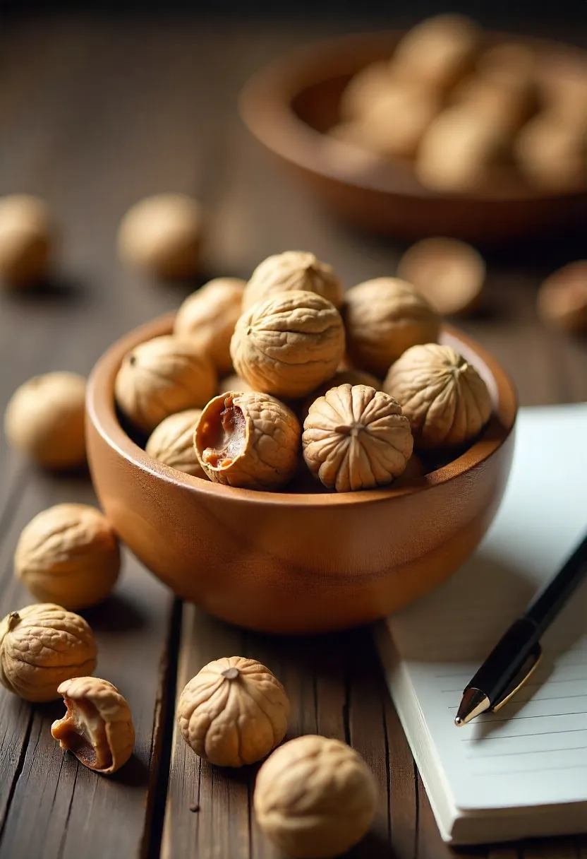 Fresh walnuts in a bowl with some scattered on a wooden table, symbolizing brain health and memory support.