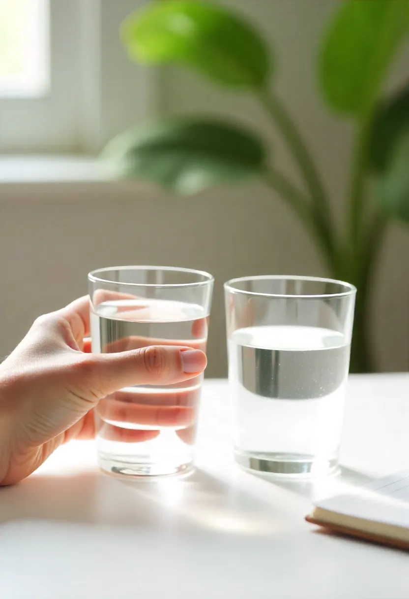 A person holding a full glass of water beside an almost empty glass, symbolizing hydration awareness and recognizing hydration levels.