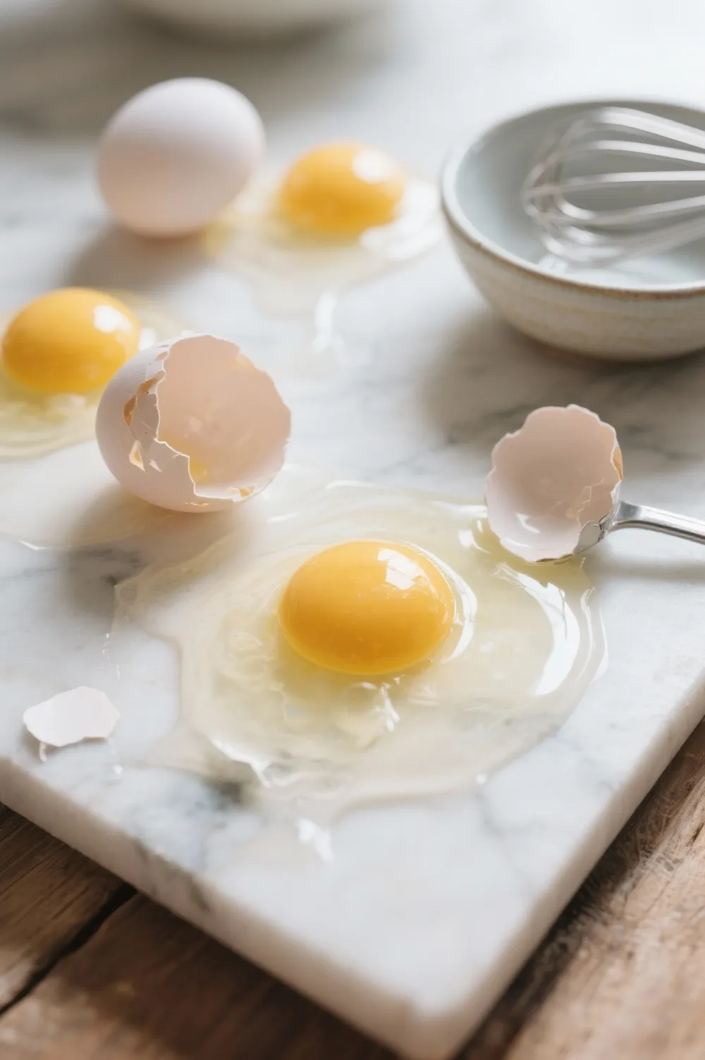 Close-up of cracked eggs with bright golden yolks and clear whites on a kitchen surface, symbolizing natural protein, nutrients, and healthy fats in eggs.