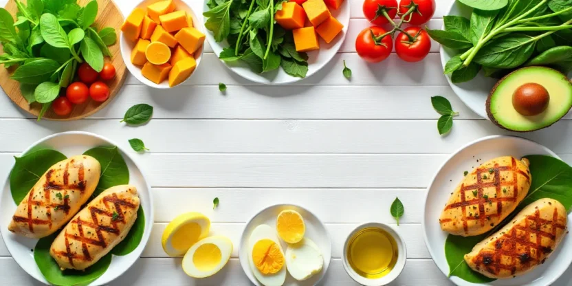 Healthy Whole30 meal spread with vegetables, avocado, grilled chicken, and eggs on a wooden table, representing a clean 30-day food reset.