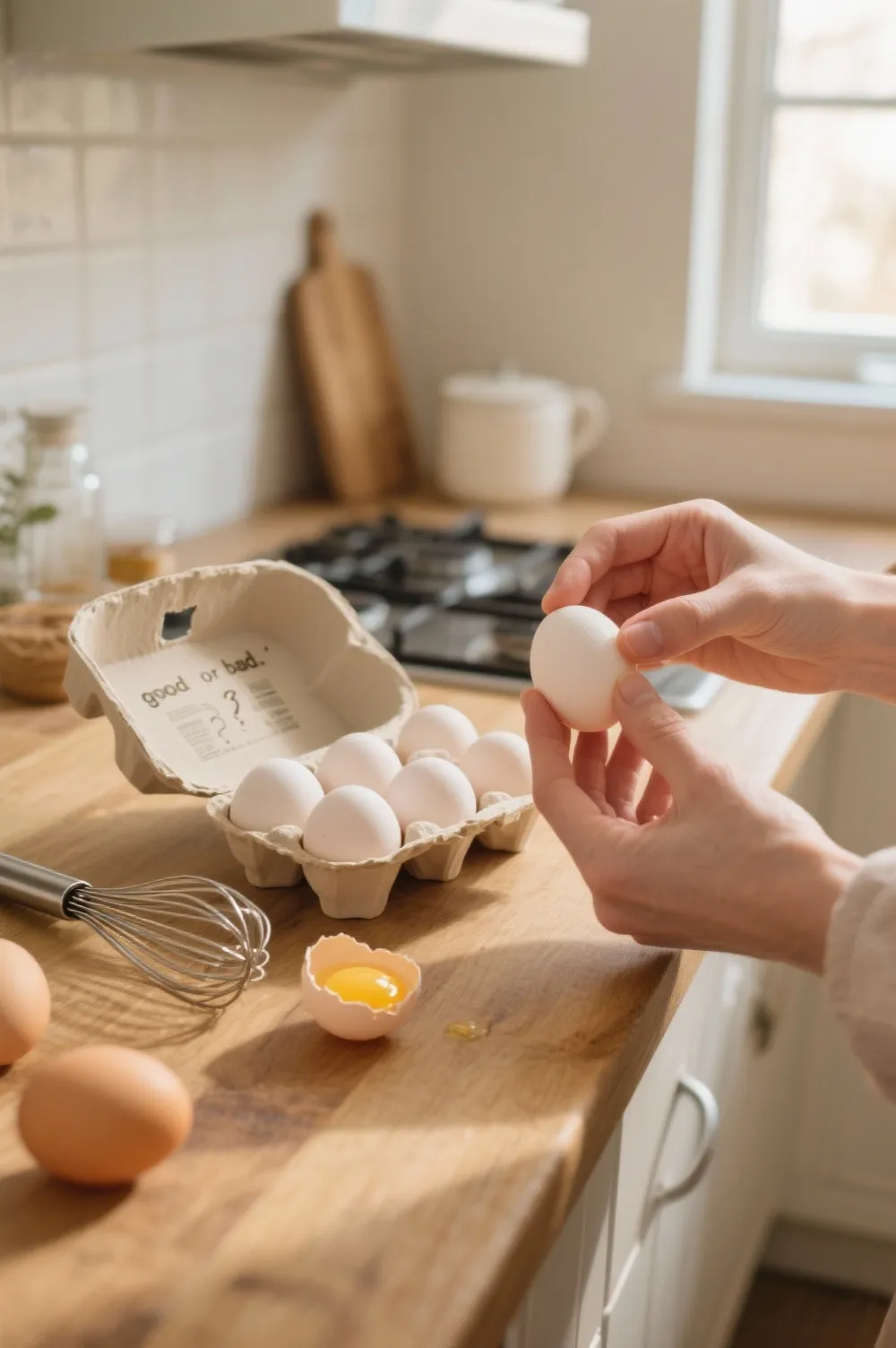 Person holding an egg thoughtfully at a kitchen counter, surrounded by cracked eggs and utensils, symbolizing confusion and curiosity about egg health.