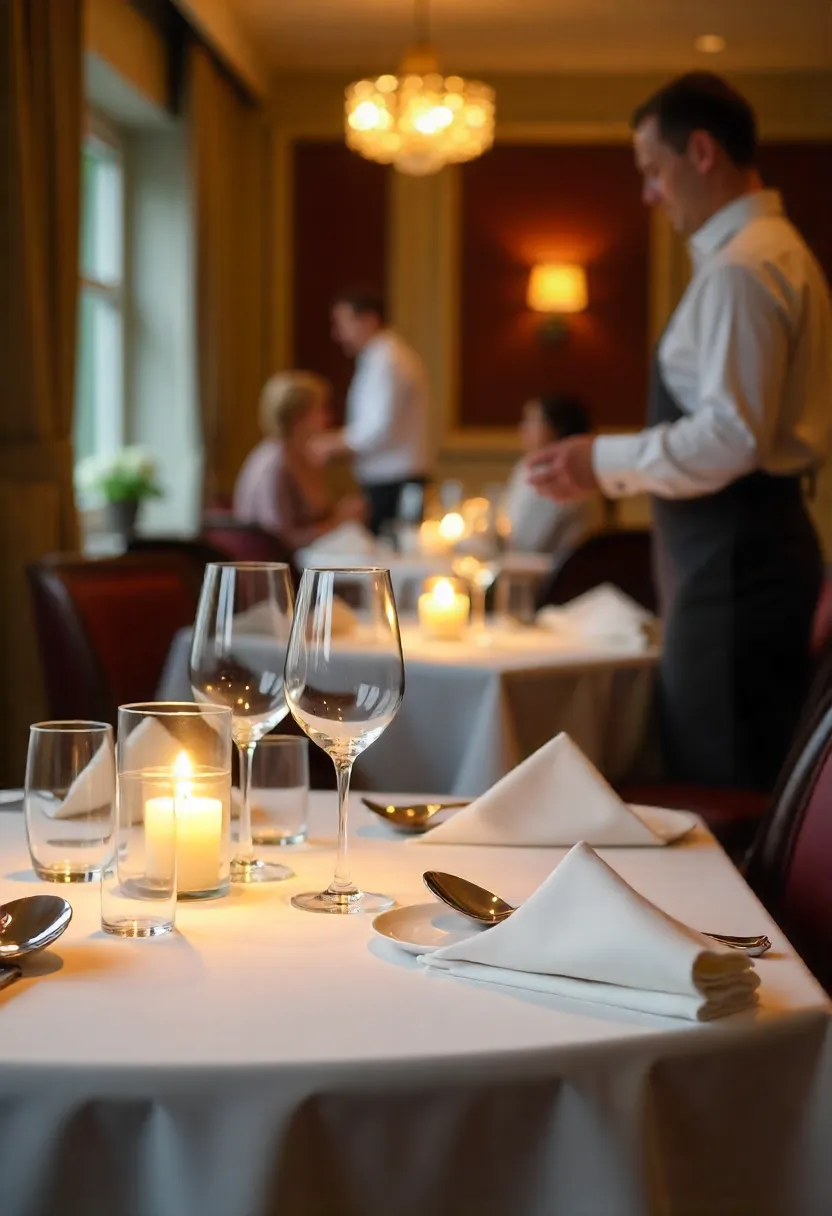 Elegant restaurant table setup with staff assisting guests, highlighting the importance of food and beverage management in delivering quality hospitality.