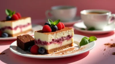 Assortment of colorful tiramisu desserts with cocoa, berries, and coffee cups.