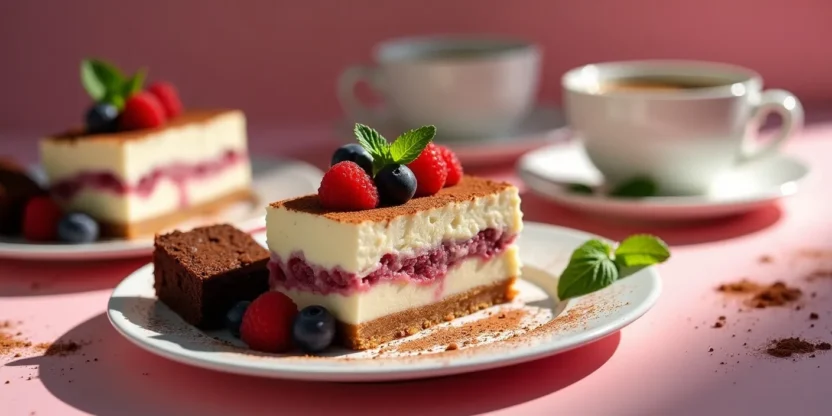 Assortment of colorful tiramisu desserts with cocoa, berries, and coffee cups.