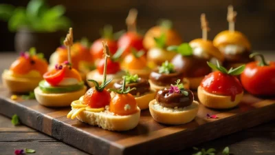Colorful and elegant appetizer spread with crostini, skewers, sliders, and desserts on a wooden table.