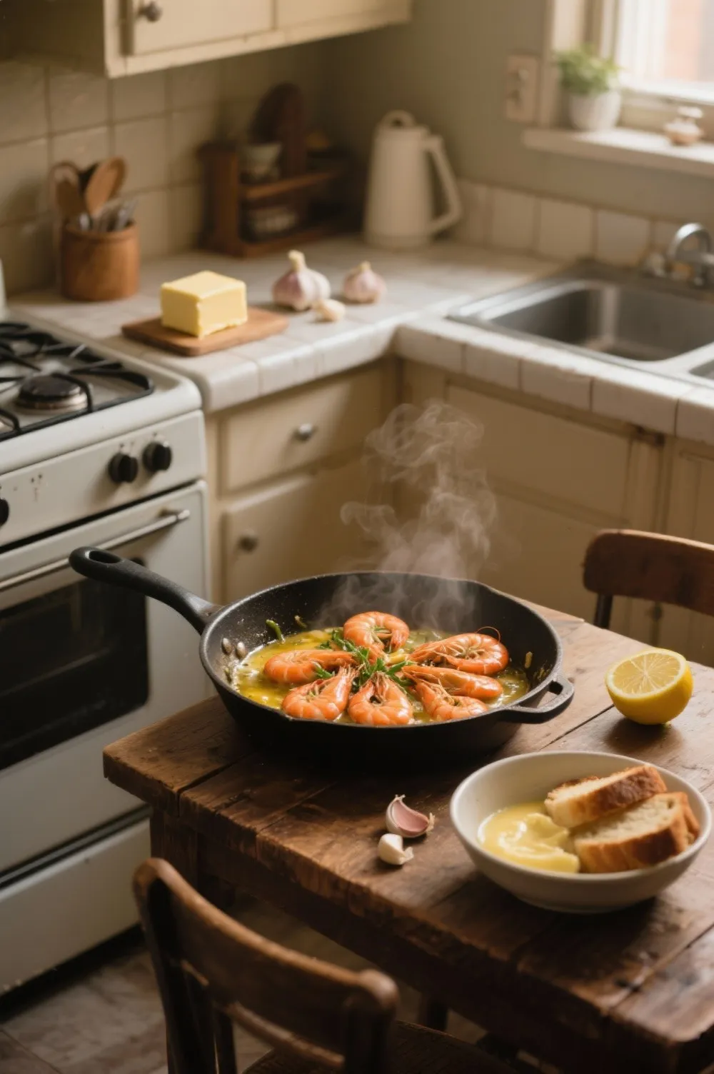Steaming shrimp scampi in a skillet on a small cozy apartment kitchen stove with butter, garlic, and bread.