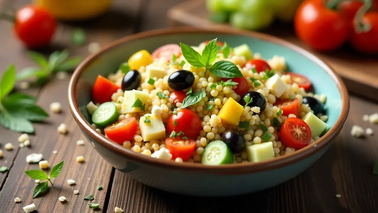 Colorful Mediterranean quinoa salad with tomatoes, cucumber, olives, feta, and herbs in a bowl.