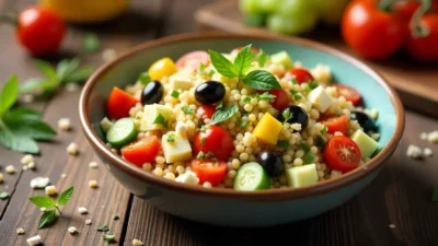 Colorful Mediterranean quinoa salad with tomatoes, cucumber, olives, feta, and herbs in a bowl.