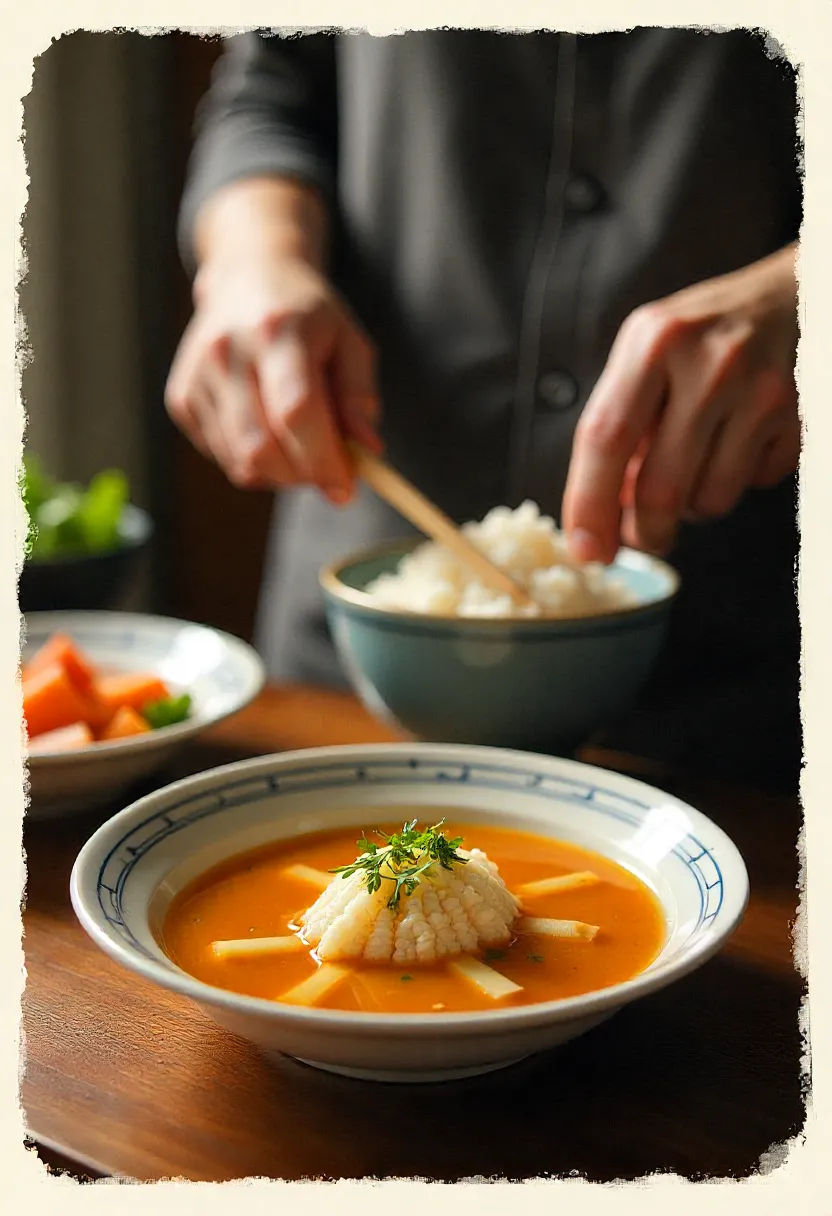 Collage of anime-style home cooking: chopping vegetables, cooking rice and broth, and plating a simple meal, highlighting mindfulness and warmth.