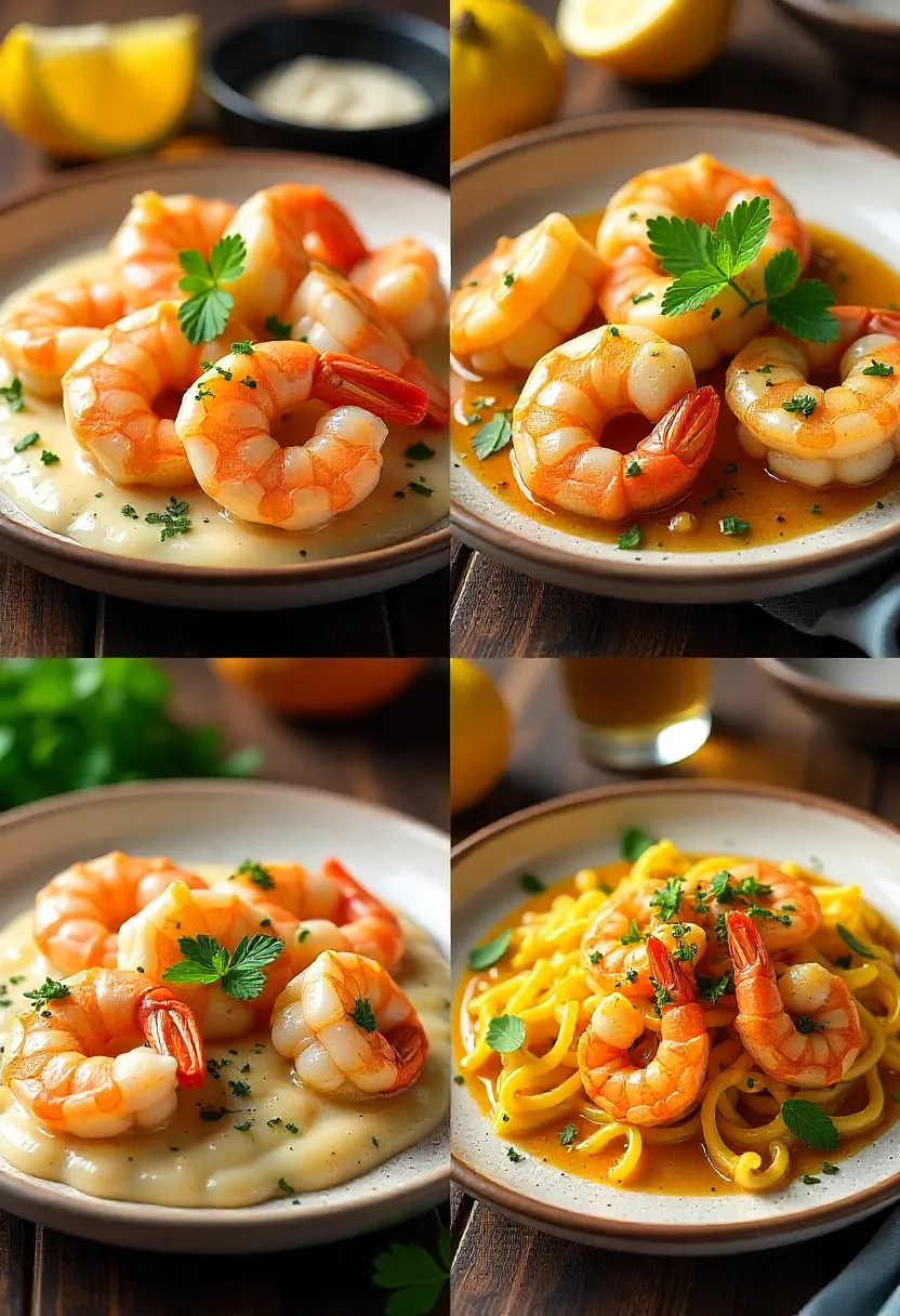 Collage of shrimp scampi variations from Italy, America, France, and Spain, each with garlic, butter, and herbs.