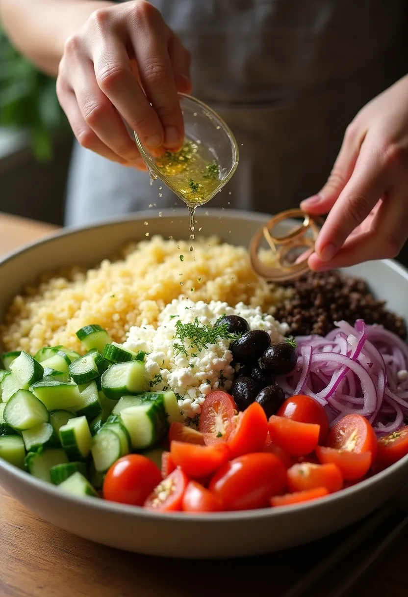 Fresh lemon juice and olive oil whisked into a simple Mediterranean salad dressing with herbs and seasoning.