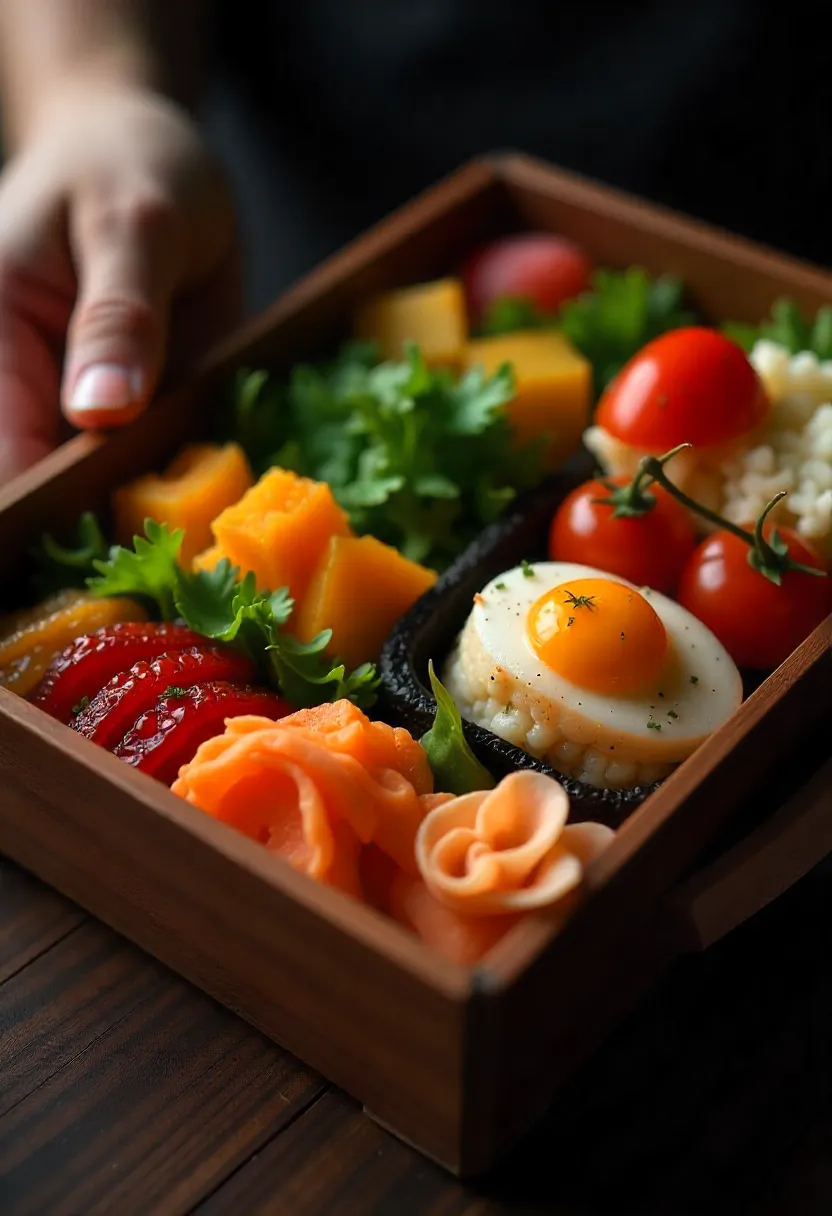 Collage of anime bento boxes with colorful ingredients and hands preparing them, showing care, attention, and personal connection.