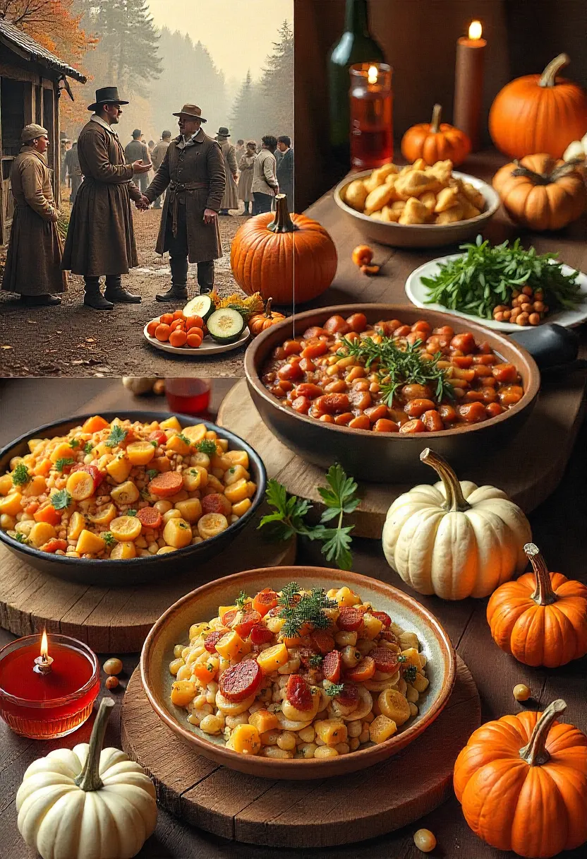 Thanksgiving collage showing historic harvests and modern festive dishes with autumn decorations.