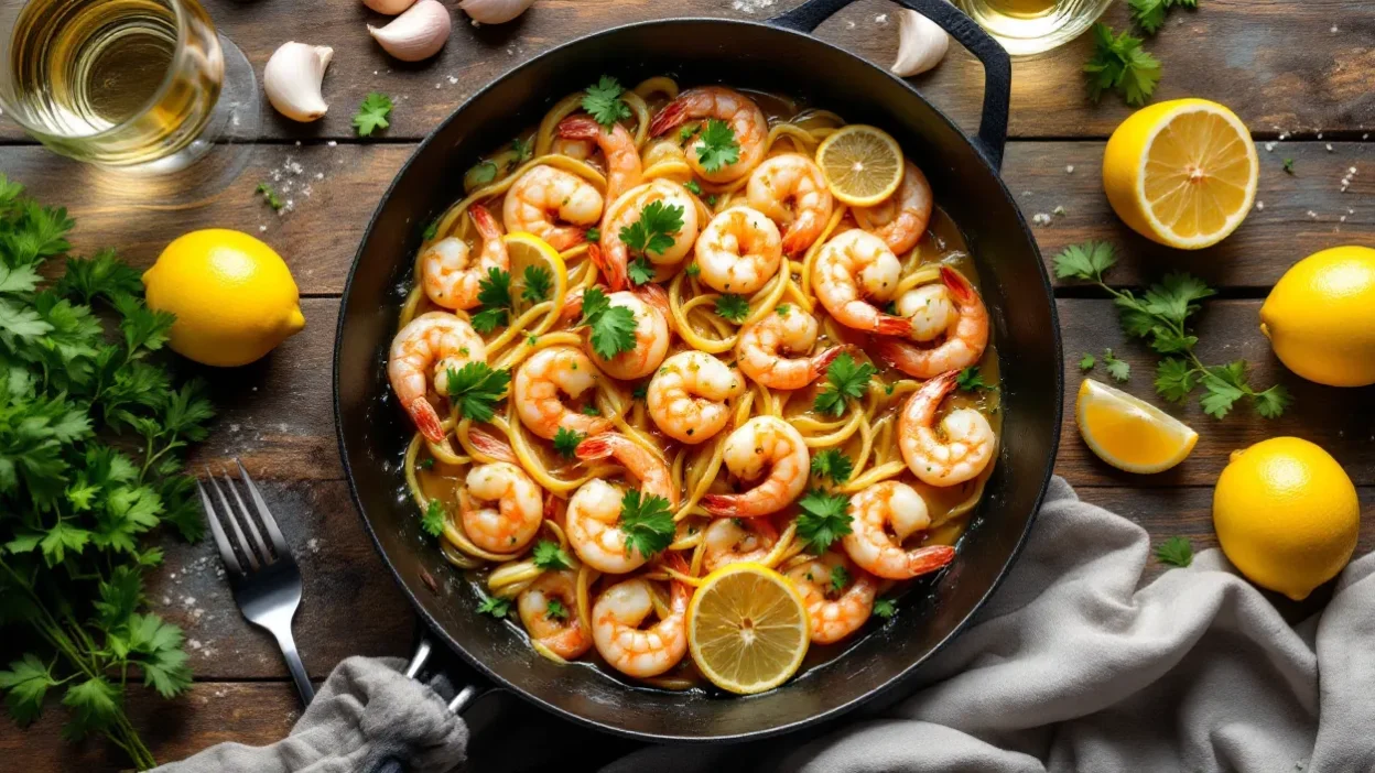 Garlic butter shrimp scampi in a skillet with parsley, lemon, and white wine on a rustic table.