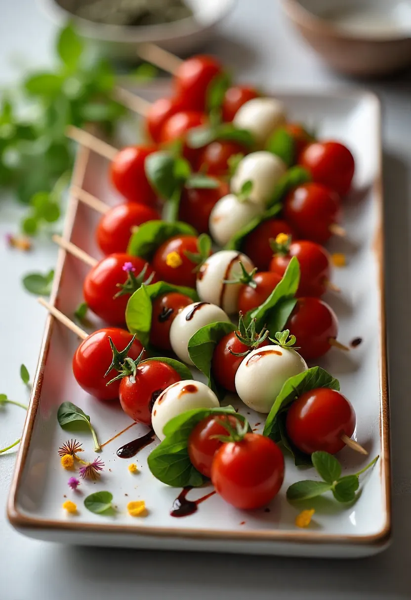 Caprese skewers with cherry tomatoes, mozzarella, basil, and balsamic glaze on a platter, garnished with microgreens and edible flowers.