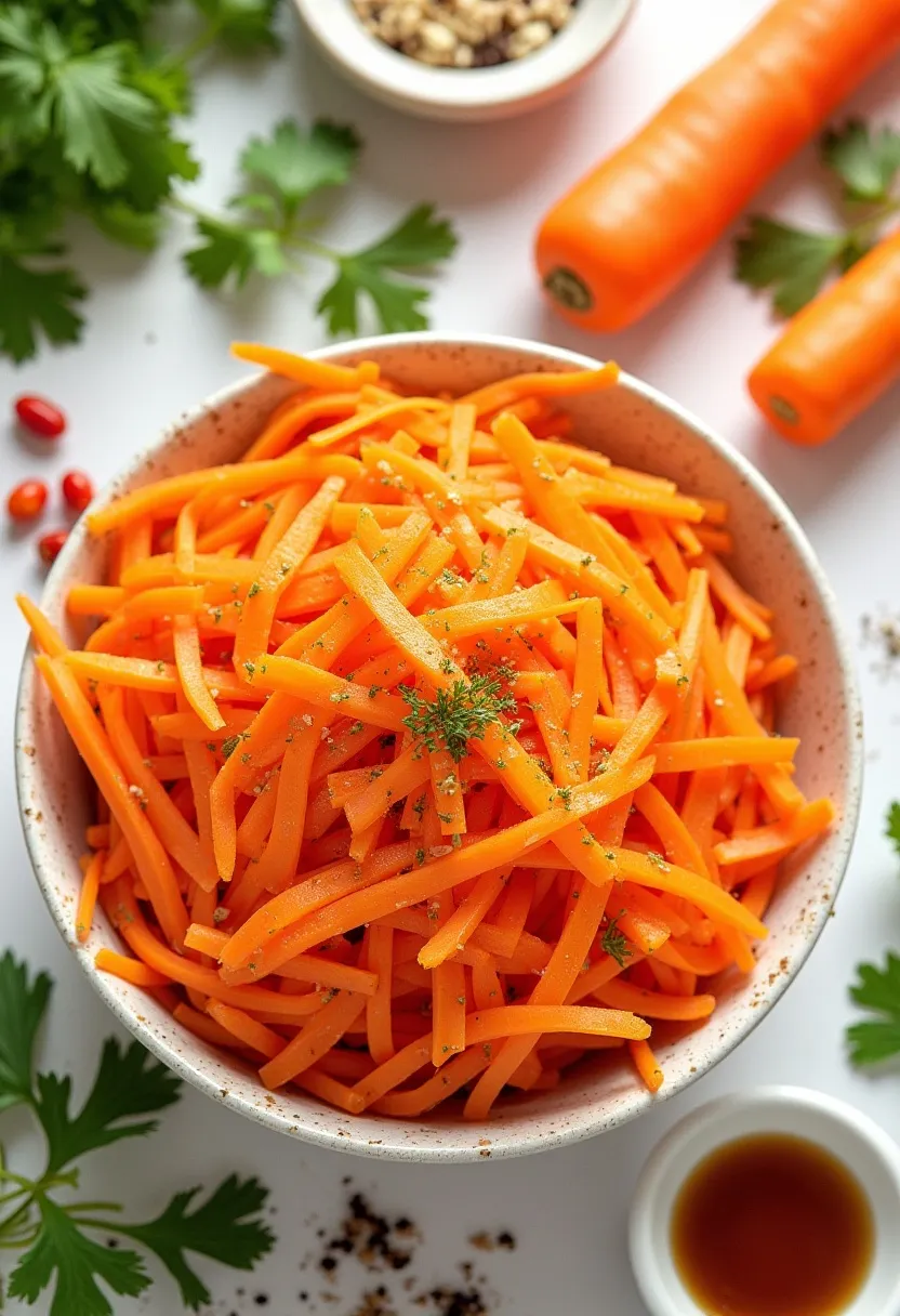 A vibrant and appetizing collage showcasing the key ingredients of Korean Carrot Salad.