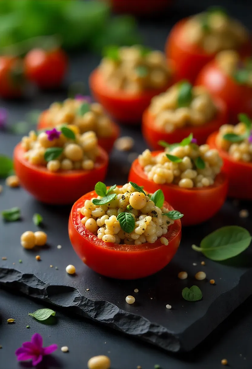 Cherry tomatoes stuffed with herb quinoa on a slate board, garnished with microgreens and edible flowers, colorful and fresh.