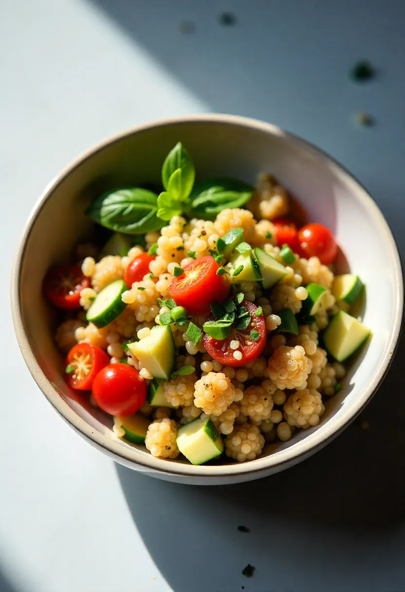 Mediterranean quinoa salad in a bowl with fresh vegetables, feta, olives, and herbs in a sunlit, cozy setting.