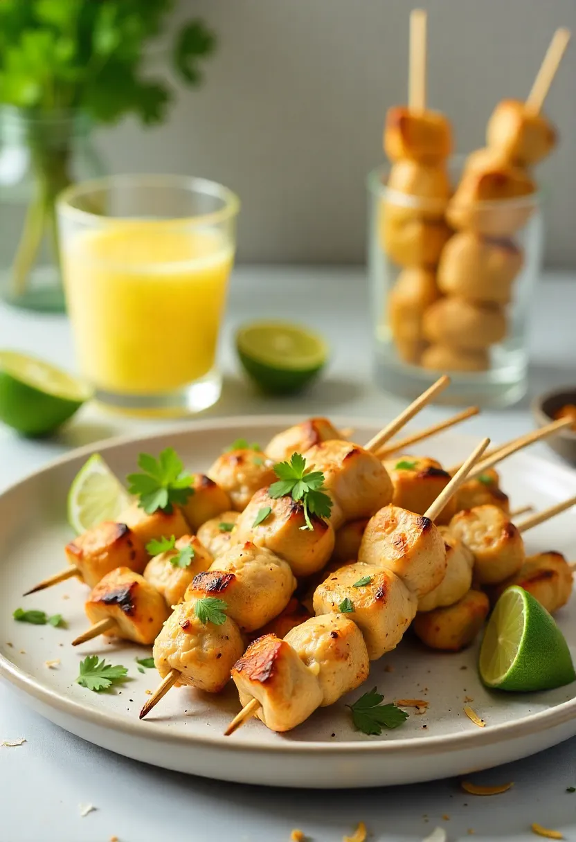 Grilled coconut-lime chicken skewers on a platter with lime wedges, cilantro, and peanut dipping sauce, tropical and festive.