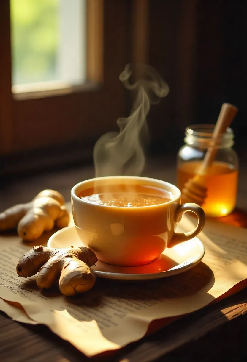 Collage of ginger-honey tea with steam, fresh ginger, honey, and a warm, cozy atmosphere.