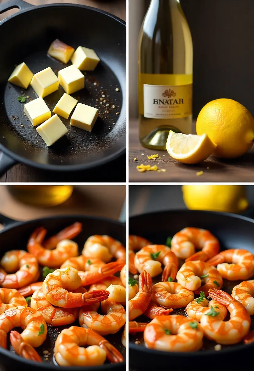 Collage showing common shrimp scampi mistakes: burnt garlic, cold butter, cheap wine, overcrowded shrimp, and missing lemon zest.