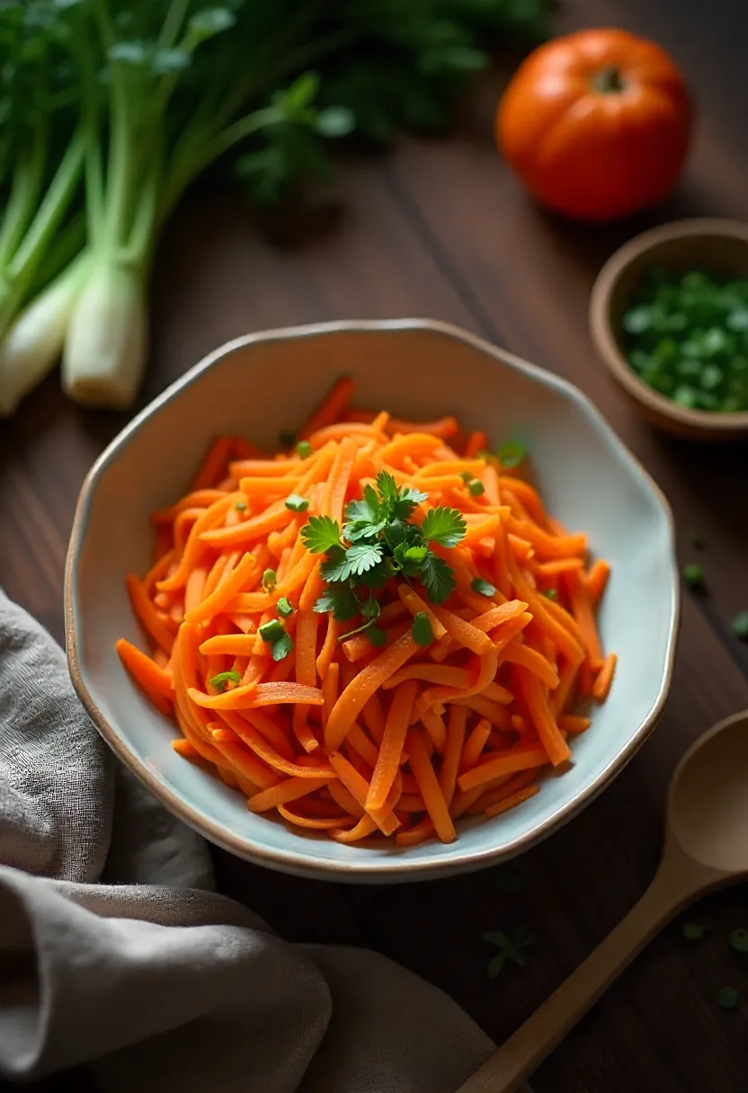 Collage showing a comforting bowl of Korean Carrot Salad with a warm, homey setting.