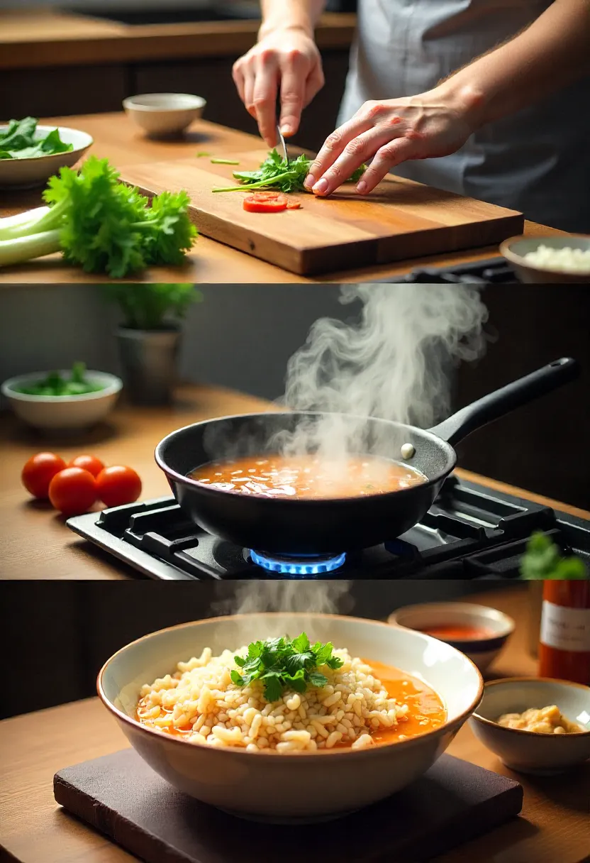 Collage of anime-inspired home cooking: chopping vegetables, simmering broth, steaming rice, and finished dishes, illustrating care, mindfulness, and comfort.