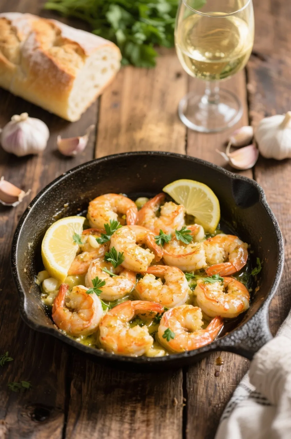 Garlic butter shrimp in a skillet with lemon, parsley, and bread for a quick, comforting dinner.