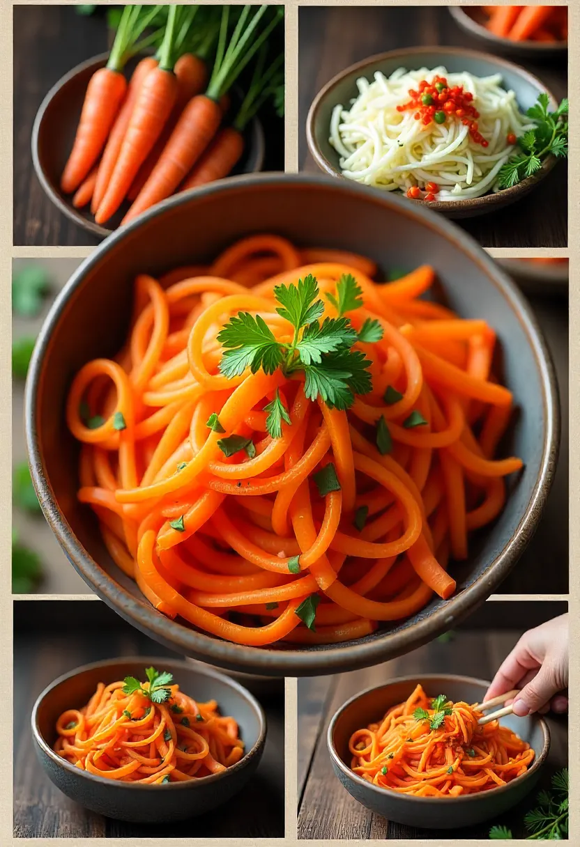 A vibrant and appetizing collage showcasing the key ingredients of Korean Carrot Salad.