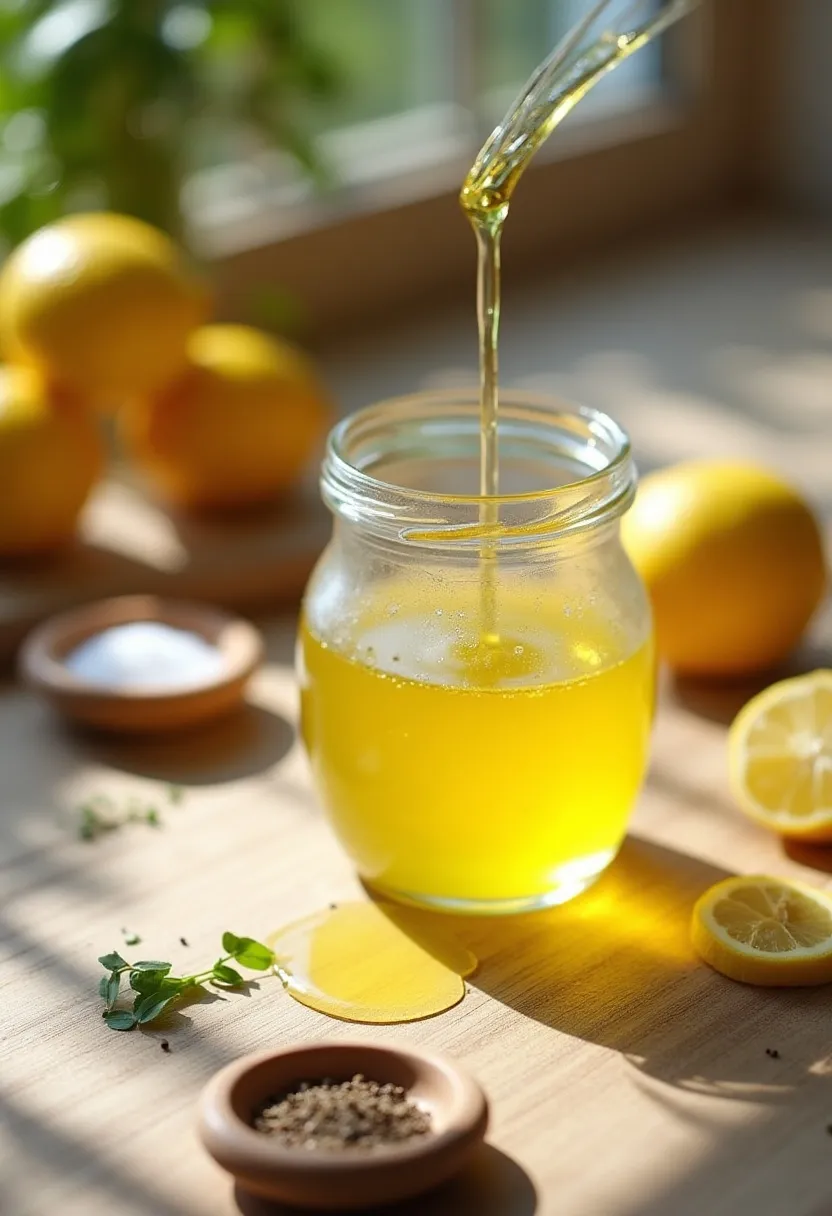 Fresh lemon juice and olive oil whisked into a simple Mediterranean salad dressing with herbs and seasoning.