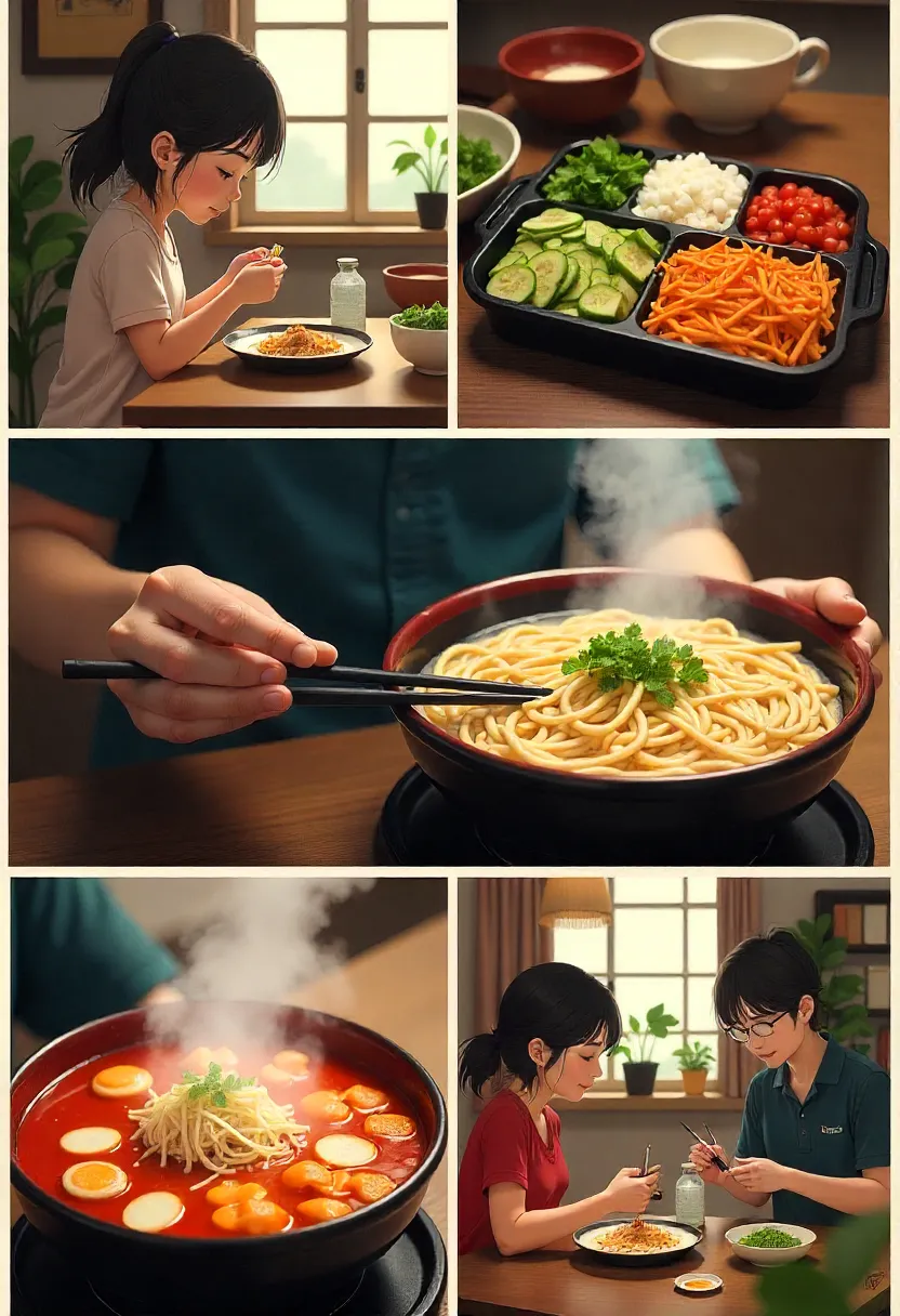 Collage of anime food scenes: quiet meal, bento lunch, steaming noodles, friends sharing hotpot, illustrating warmth and emotional connection.
