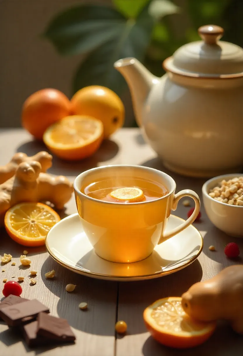 Teapot and cup of ginger-honey tea with fruits, honey, pastries, and chocolate in a cozy, warm setting.
