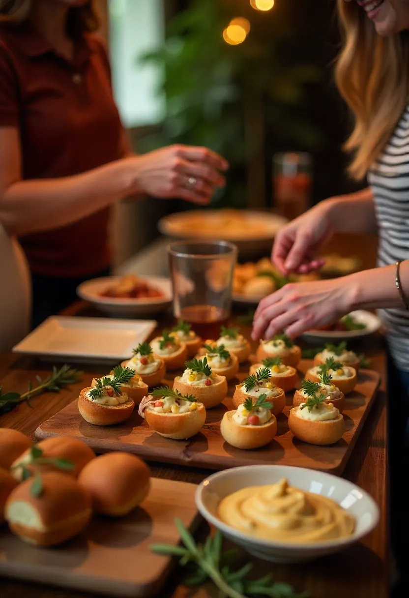 Cozy appetizer table with small bites, DIY station, and guests enjoying a warm, interactive gathering.