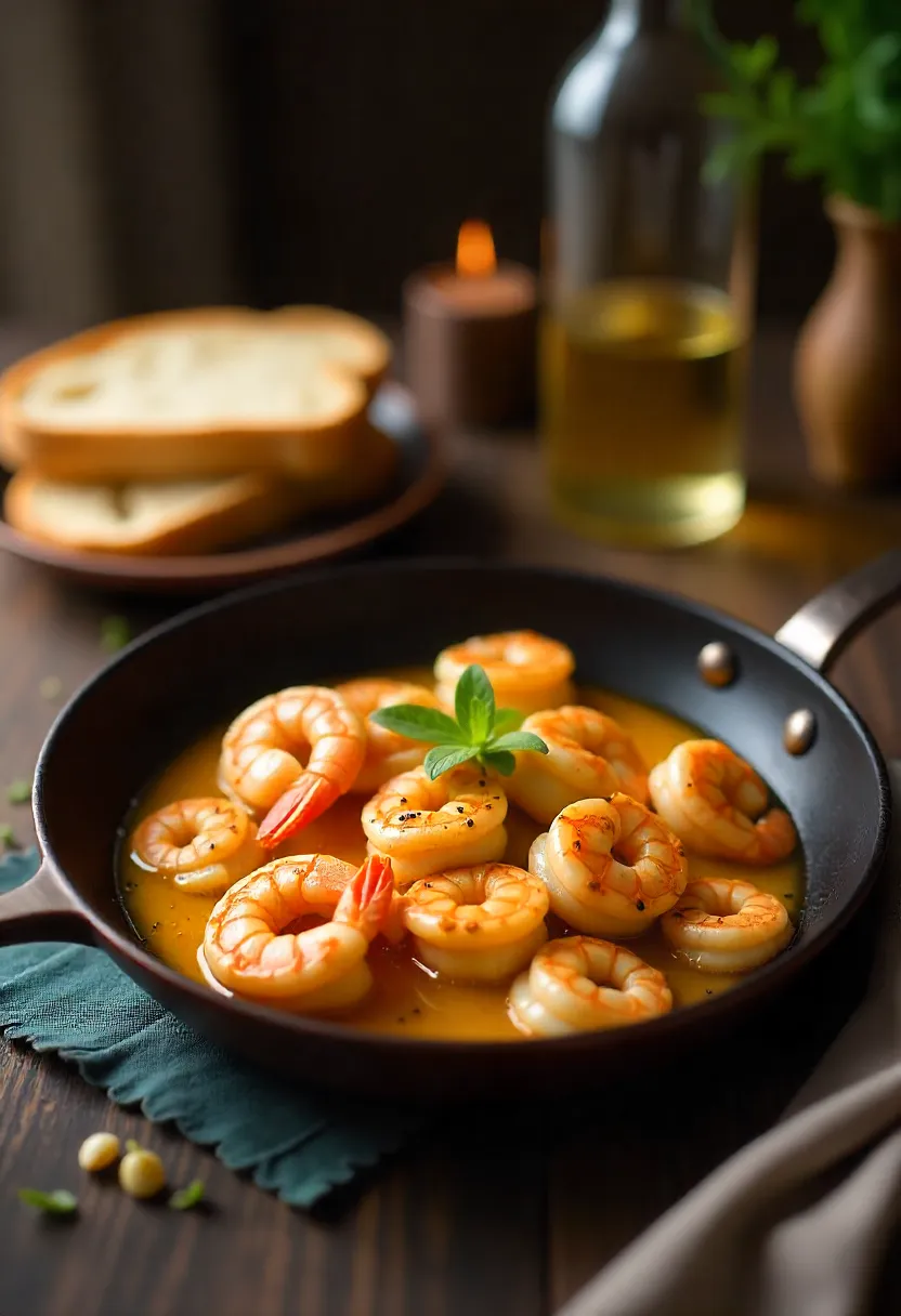 Collage showing shrimp scampi in a skillet with bread, wine, candle, and herbs, creating a cozy, elegant dining scene.