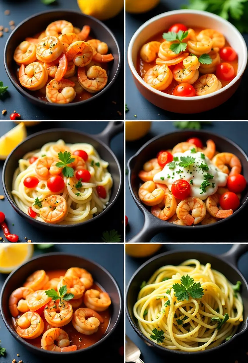 Collage of shrimp scampi variations: spicy, tomato, creamy, greens, and low-carb versions with lemon and parsley.
