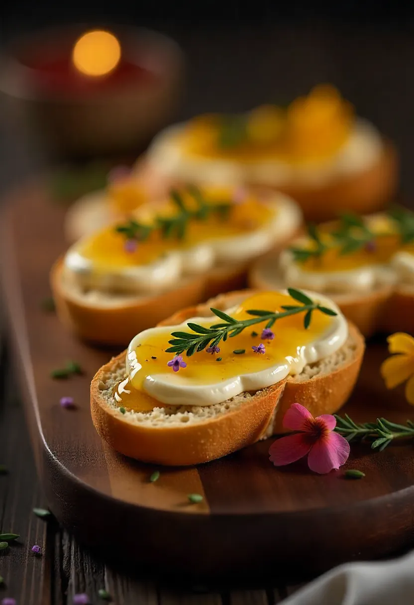 Goat cheese and honey crostini on a wooden board with thyme and edible flowers, perfect for a cozy gathering.
