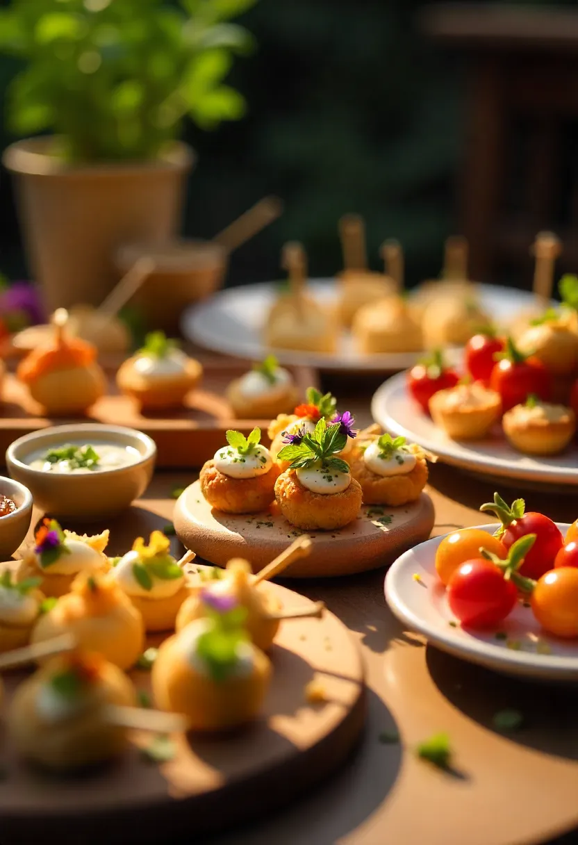 Colorful appetizers on a table with finger foods, skewers, and garnishes, arranged beautifully for a joyful gathering.