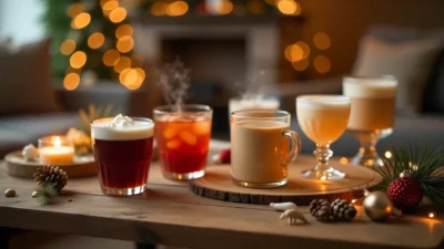Festive holiday drinks on a table with Christmas decorations and a glowing tree in the background.