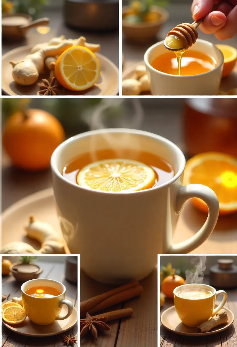 Collage showing steps to make ginger-honey tea with ginger, honey, lemon, and spices in a warm, cozy setting.