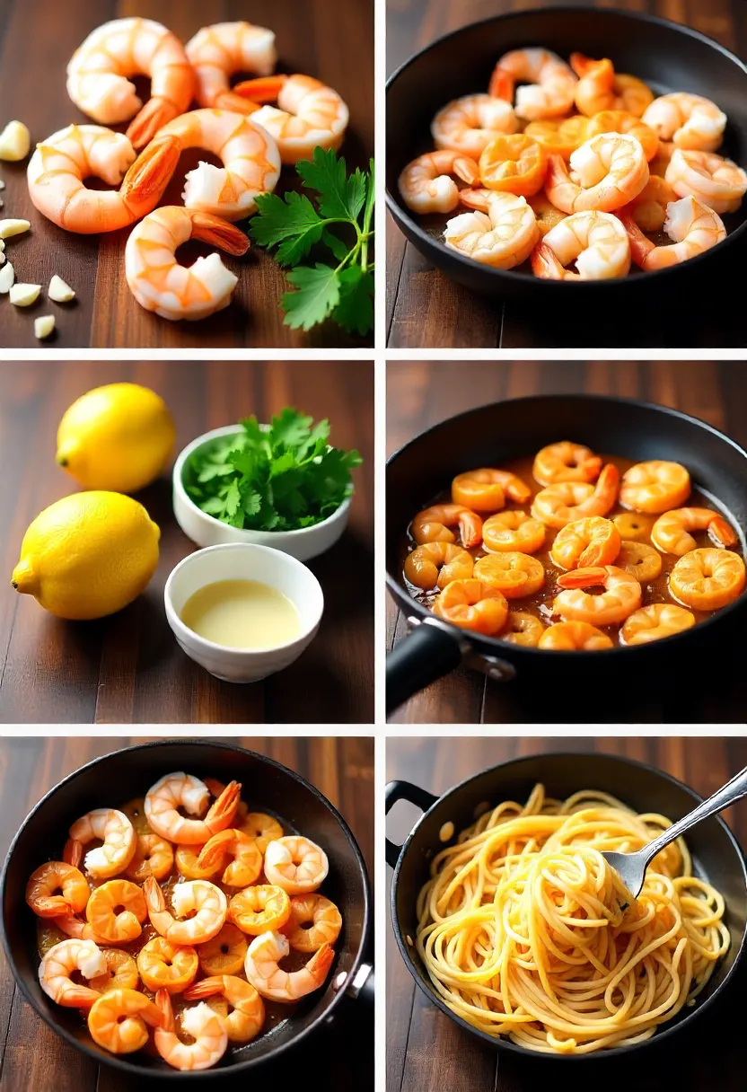 Collage of shrimp scampi preparation: shrimp, garlic, parsley, lemon, skillet, wine, and pasta in a step-by-step layout.